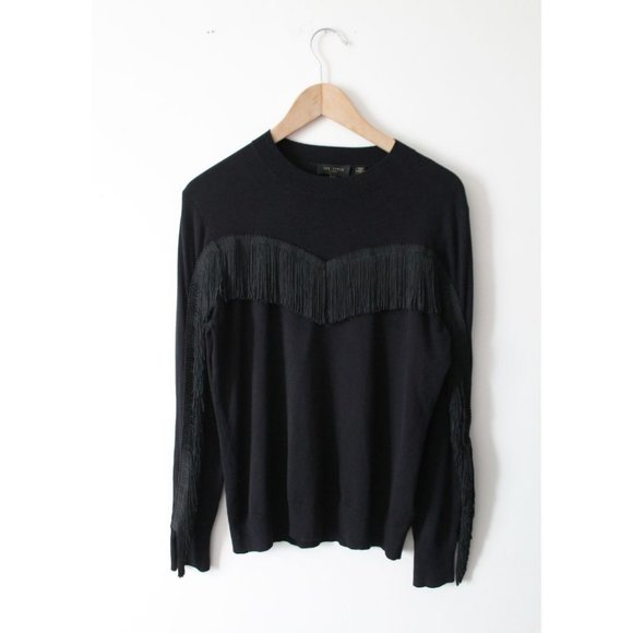 Ted Baker Aniebal Fringe Knit Sweater Black Size TED 2/ US 6 - Picture 4 of 7